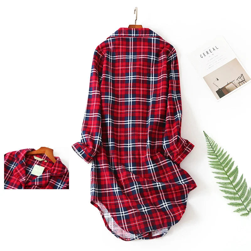 Nightgown 100% Brushed Cotton Nightshirts Women's Sleepwear Long Sleeve Plaid Winter Oversize Sleep Dress Women Home Clothes