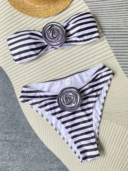 2026 New Sexy White 3D Flower Solid Two Piece Push Up Bikini Set Luxury Swimwear Women Swimsuit Beachwear Summer Bathing Suit
