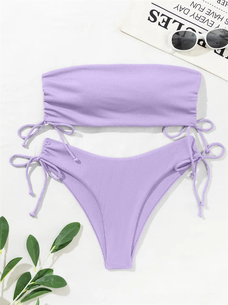 2025 Sexy Low Waist Swimwear New Solid Bandeau Bikini Set Women Push Up Drawstring Beachwear Swimsuit Backless bathing suit