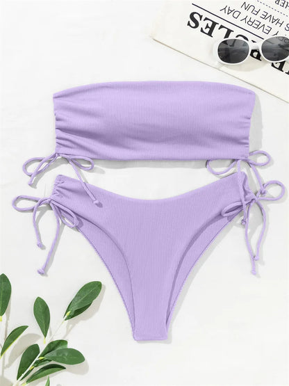 2025 Sexy Low Waist Swimwear New Solid Bandeau Bikini Set Women Push Up Drawstring Beachwear Swimsuit Backless bathing suit