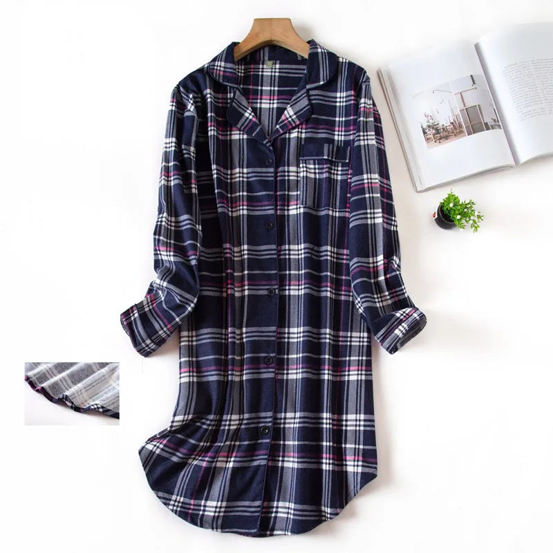 Nightgown 100% Brushed Cotton Nightshirts Women's Sleepwear Long Sleeve Plaid Winter Oversize Sleep Dress Women Home Clothes