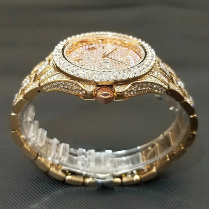 TikTok Hot Diamond Wristwatch For Men Luxury 18K Gold Plated Quartz Watches Day Date Nightclub Party Watch Unisex Rapper Jewelry