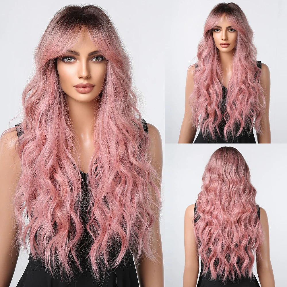 HENRY MARGU Long Brown Wavy Synthetic Wigs Middle Part Natural  Curly Wig for Black Women Cosplay Daily Heat Resistant Fake Hair