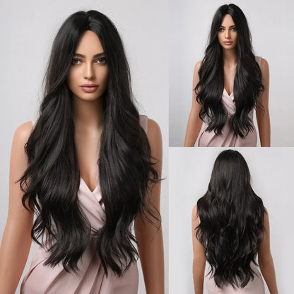 HENRY MARGU Long Brown Wavy Synthetic Wigs Middle Part Natural  Curly Wig for Black Women Cosplay Daily Heat Resistant Fake Hair