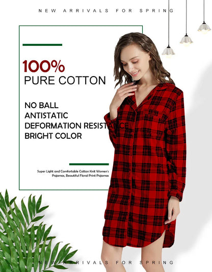 Nightgown 100% Brushed Cotton Nightshirts Women's Sleepwear Long Sleeve Plaid Winter Oversize Sleep Dress Women Home Clothes