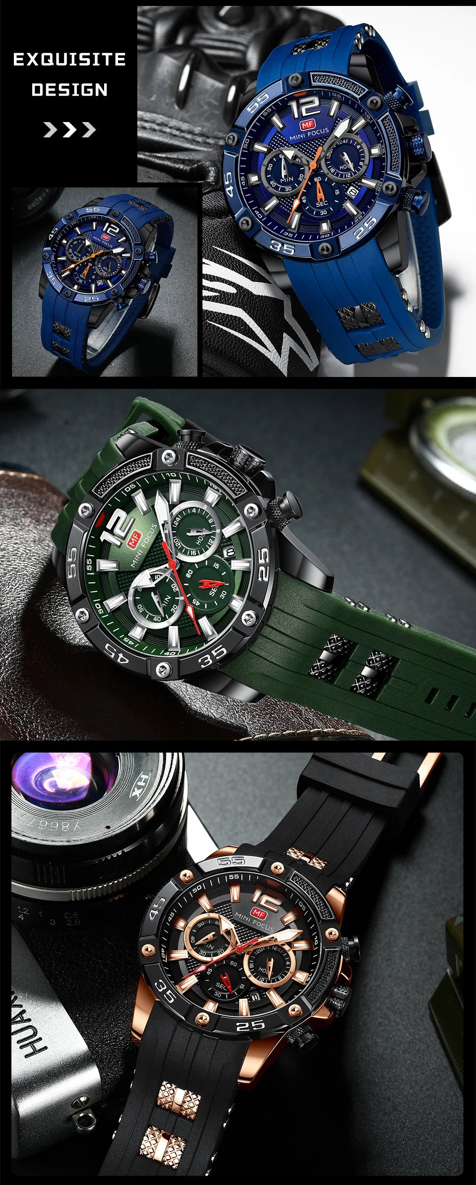 MINI FOCUS Multifunctional Sports Quartz Watch Mens Watches Waterproof Chronograph Wrist Watch with Date Luminous Hands 0349G