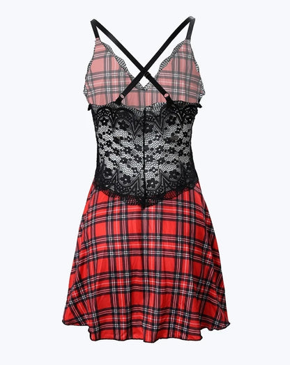 Womens Dresses 2024 Summer Plaid Print Crisscross Backless Sleep Dress Contrast Lace Plunge Sleeveless Nightgown Sleepwear