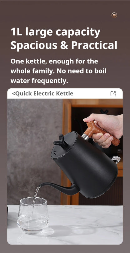 1000W Fast Electric Kettle, 1L Capacity, 304 Stainless Steel, One-Touch Boil & Dry Burn Protection