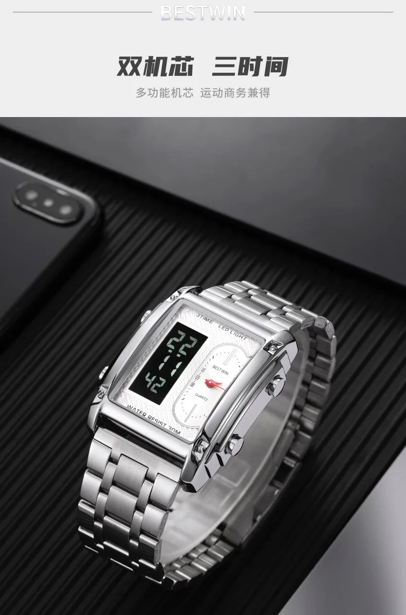 Gold Men Watches Stainless Steel Band Dual Display Men Sports Digital Watches For Male Clock Chronograph Date Waterproof Luxury