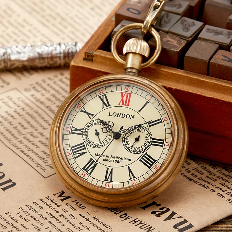 Antique Copper London 1856's Antique 5 Hands Mechanical Pocket & Fob Watches Hand Winding Skeleton Mens Pocket Watch 30Cm Chain
