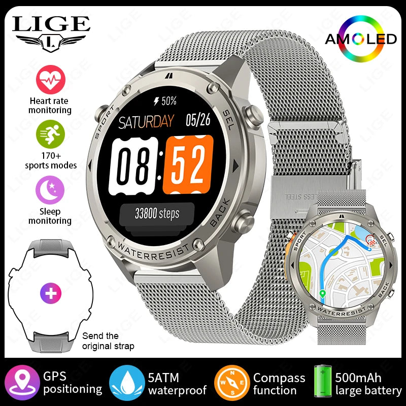 LIGE New GPS Tracker Smart Watch Men 466*466 AMOLED Screen Men Watches 50M Waterproof Outdoor Compass 500mAh Battery Smartwatch