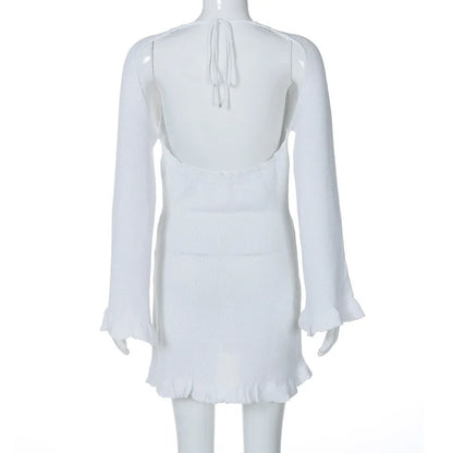 2026 Women Ins Style Sexy Backless Neck-hanging Long Sleeve Fishtail Dress Knit Beachwear Summer Swimsuit Bikini Cover-ups A2825