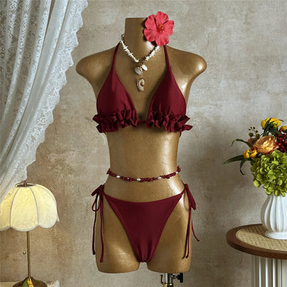 With Skirt Ruffled Frilled Halter Bikini Female Swimsuit Women Swimwear Three-pieces Bikini set Bather Bathing Suit Swim V7788