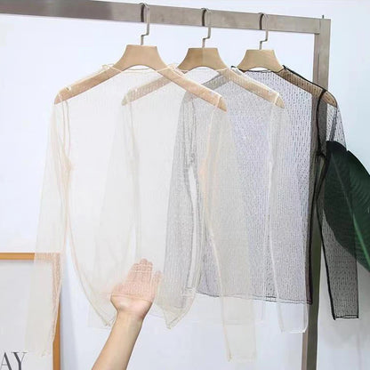 Spring Summer Women Sexy Black Mesh Tops Bottoming T Shirts Transparent Sheer Blouses Turtleneck Streetwear Tees Sunscreen Top