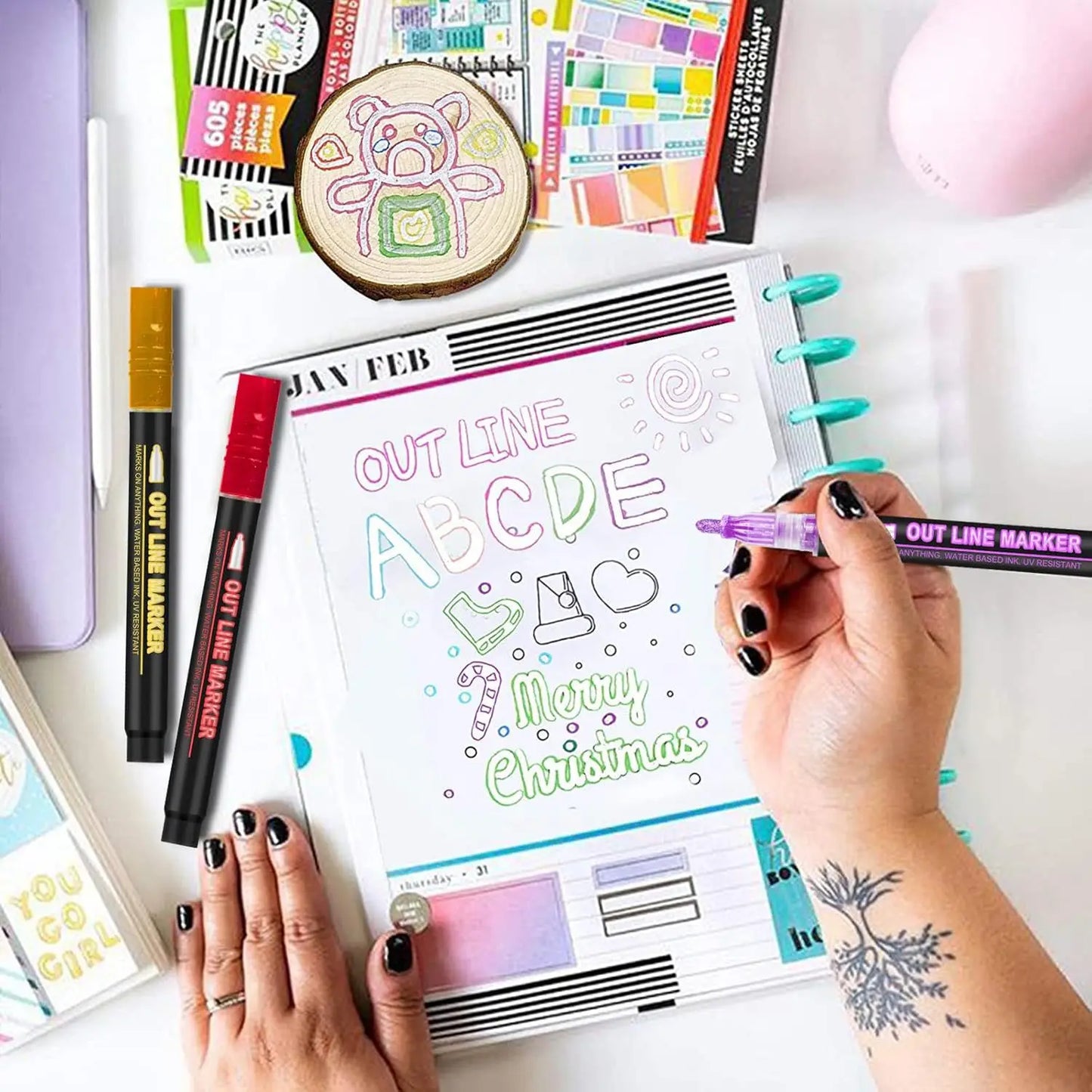 Double Line Outline Markers,Squiggles Shimmer Markers Set,Self Outline Metallic Glitter Marker Pens for Christmas,Art,Drawing