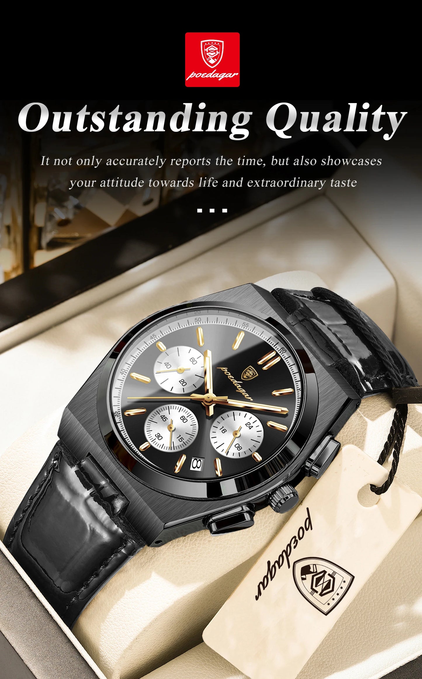 POEDAGAR Business Functional Male Watch Waterproof Luminous Chronograph Date Sports Men Wristwatch Leather Men's Quartz Watches