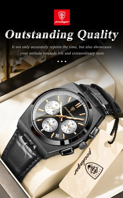 POEDAGAR Business Functional Male Watch Waterproof Luminous Chronograph Date Sports Men Wristwatch Leather Men's Quartz Watches