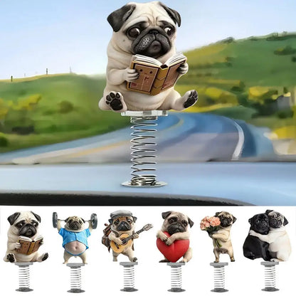 Cute 2D Pug Car Ornaments Kawaii Reading Dog Car Panel Dashboard  Spring Toys Decor Creative Accessories Gift