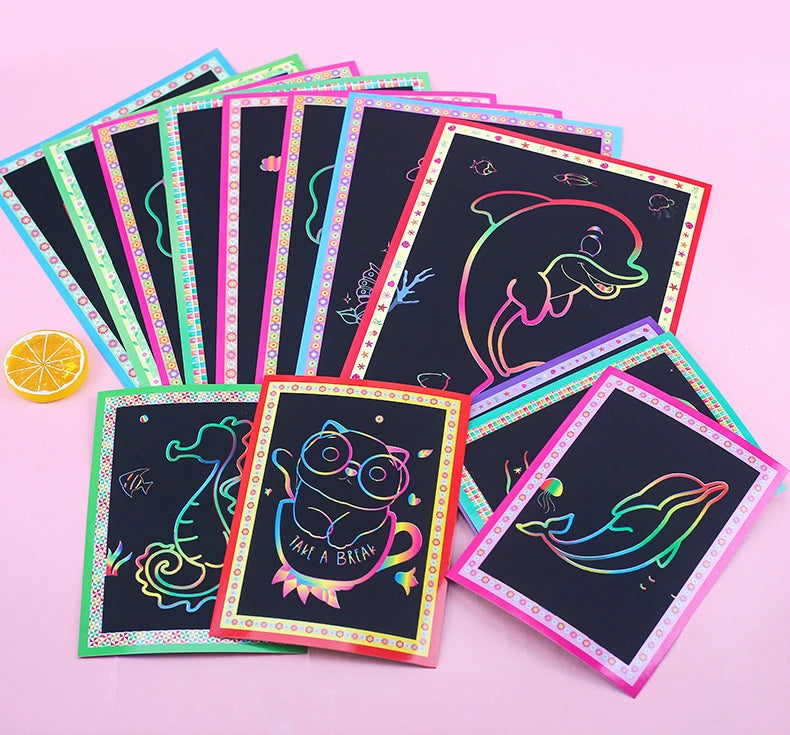 10Pcs Scratch Art Paper Magic Painting Paper with Drawing Stick Drawing Toys Kids Learning Educational Toys for Children Gifts