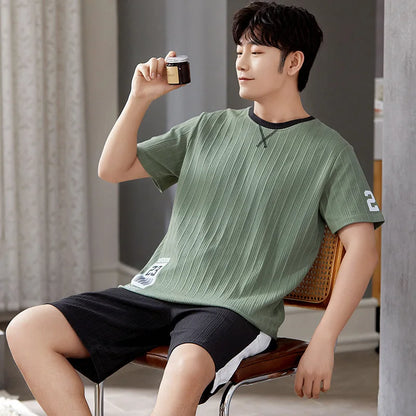 Cotton Pajamas Men Autumn and Winter Short Sleeve Shorts Loose Teen Cartoon Casual Loungewear Set Large Size Short Sleepwear