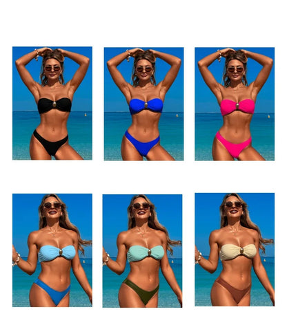 Sexy Bandeau Bikini Set 2025 Women Khaki Patchwork Front Metal High Waist Mesh Panties 3 Piece Swimsuit Bathing Suit Swimwear