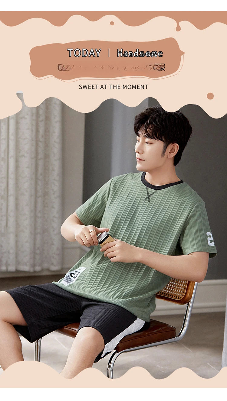 Cotton Pajamas Men Autumn and Winter Short Sleeve Shorts Loose Teen Cartoon Casual Loungewear Set Large Size Short Sleepwear
