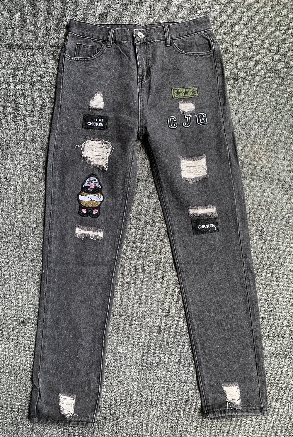 White Embroidery Skinny Ripped Jeans Men Cotton Stretchy Hole Slim Fit Hip Hop Denim Pants Casual Jeans for Men Jogging Trousers