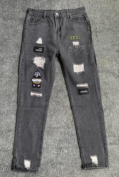 White Embroidery Skinny Ripped Jeans Men Cotton Stretchy Hole Slim Fit Hip Hop Denim Pants Casual Jeans for Men Jogging Trousers