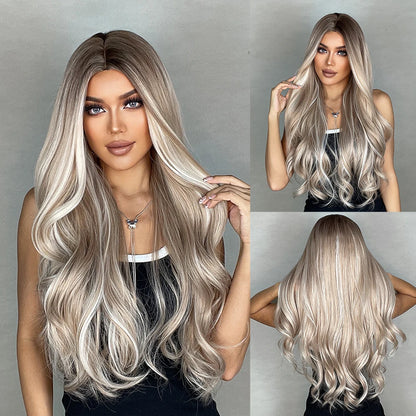 HENRY MARGU Long Brown Wavy Synthetic Wigs Middle Part Natural  Curly Wig for Black Women Cosplay Daily Heat Resistant Fake Hair