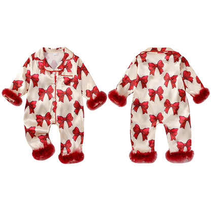 VISgogo Baby Girls Pajamas Long Sleeve Bow Print Furry Patchwork Button Closure Jumpsuit Sleepwear Loungewear