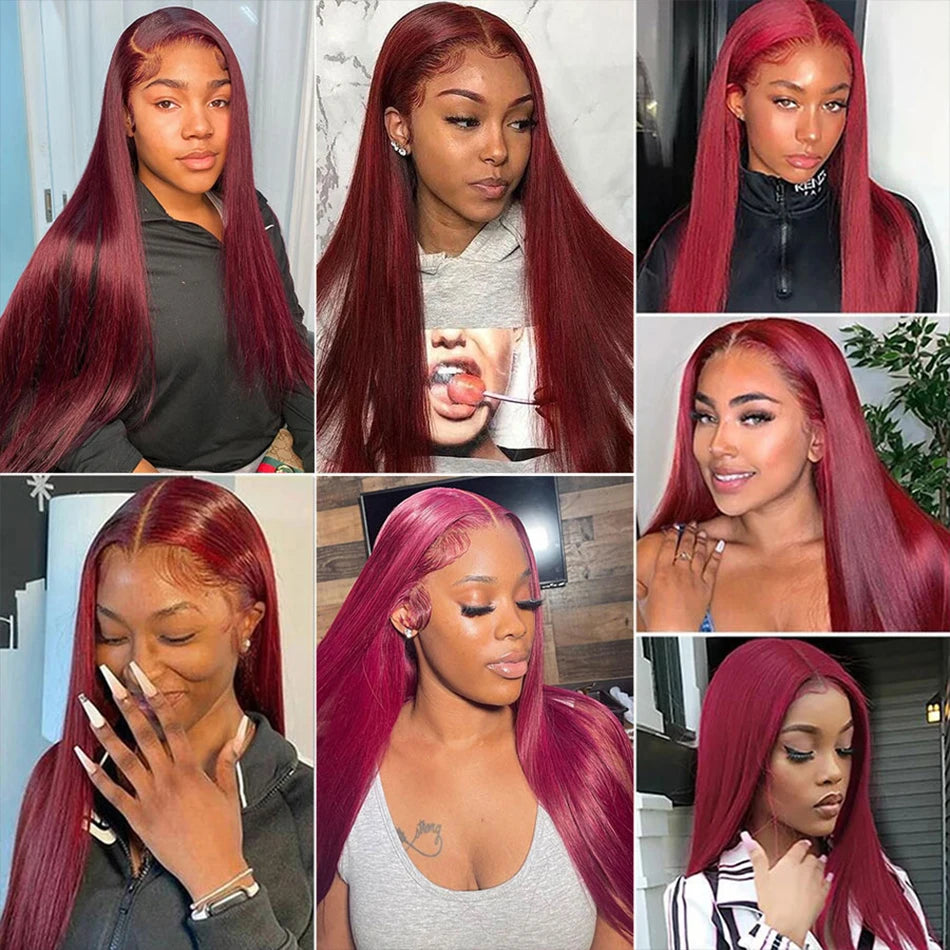 HD Burgundy 99J Straight Lace Frontal Human Hair Wigs 13x4 Transparent Lace Front Wig For Women Brazilian Red Colored Remy Wig
