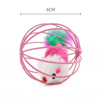 1Pcs Cat Toys Colorful Feathers Colorful Plush Mouse Ball Cage Cat Fun Creative Interactive Toys Pet Supplies Random Colors