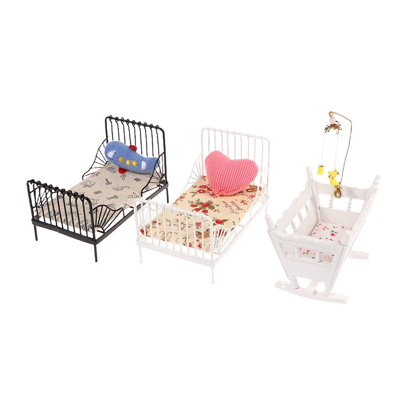 1:12 miniature bed for dolls Dollhouse Iron doll bed Furniture toy children simulation house role play toys collection gifts