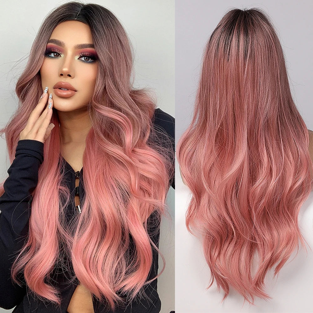 HENRY MARGU Long Brown Wavy Synthetic Wigs Middle Part Natural  Curly Wig for Black Women Cosplay Daily Heat Resistant Fake Hair