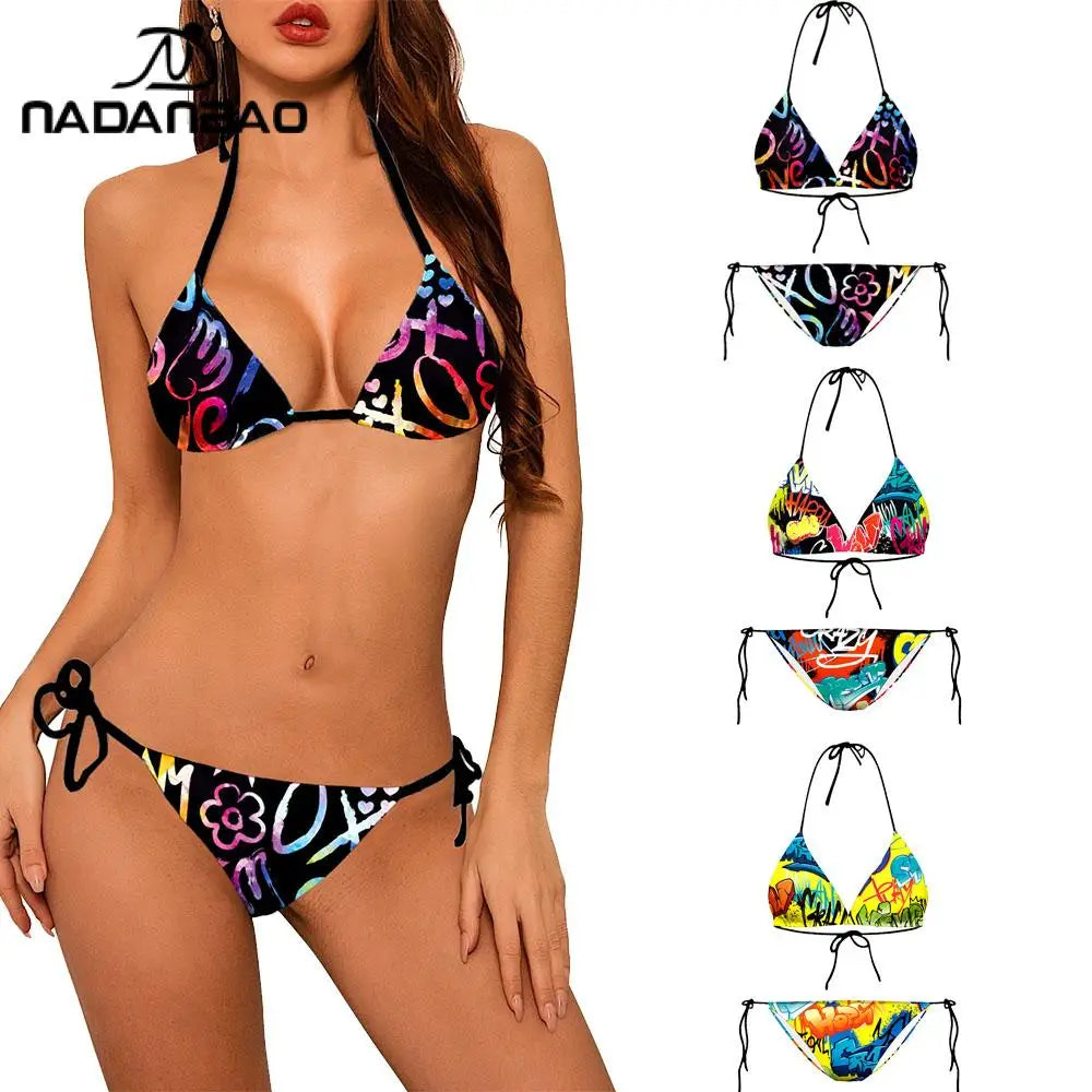 Nadanba Sexy Swimsuit Women Backless Fashion Abstract Printing Swimwear Bathing Bikinis Beach Party Two-Piece Bikini Set
