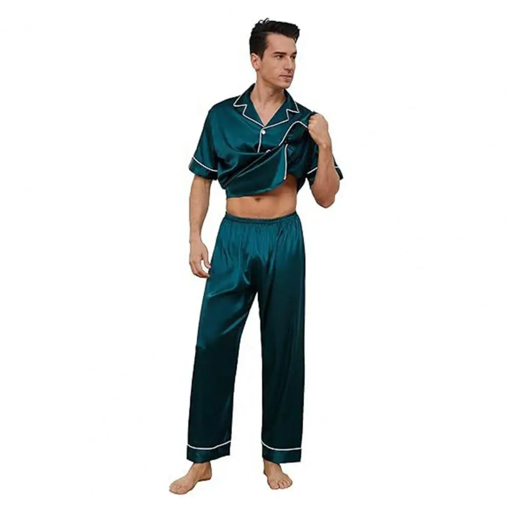 2Pcs/Set Silk Satin Men Pajama Set Notch Collar Button Down Pajama Top with Chest Pocket Elastic Waist Bottoms Set Sleepwear
