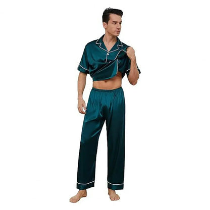 2Pcs/Set Silk Satin Men Pajama Set Notch Collar Button Down Pajama Top with Chest Pocket Elastic Waist Bottoms Set Sleepwear