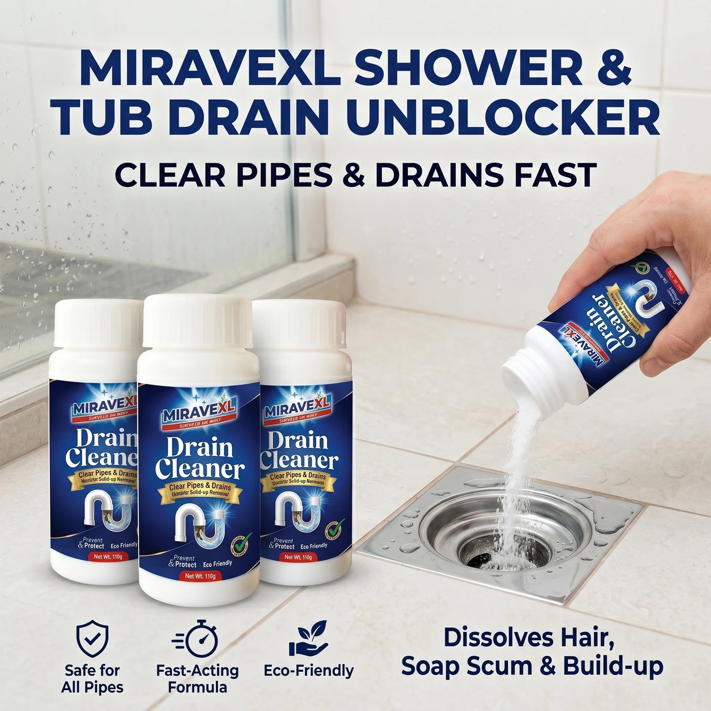 MIRAVEXL Heavy Duty Hair and Grease Clog Remover for Kitchen Tub Toilet Drains Fast Action Safe for Household Plumbing 110g