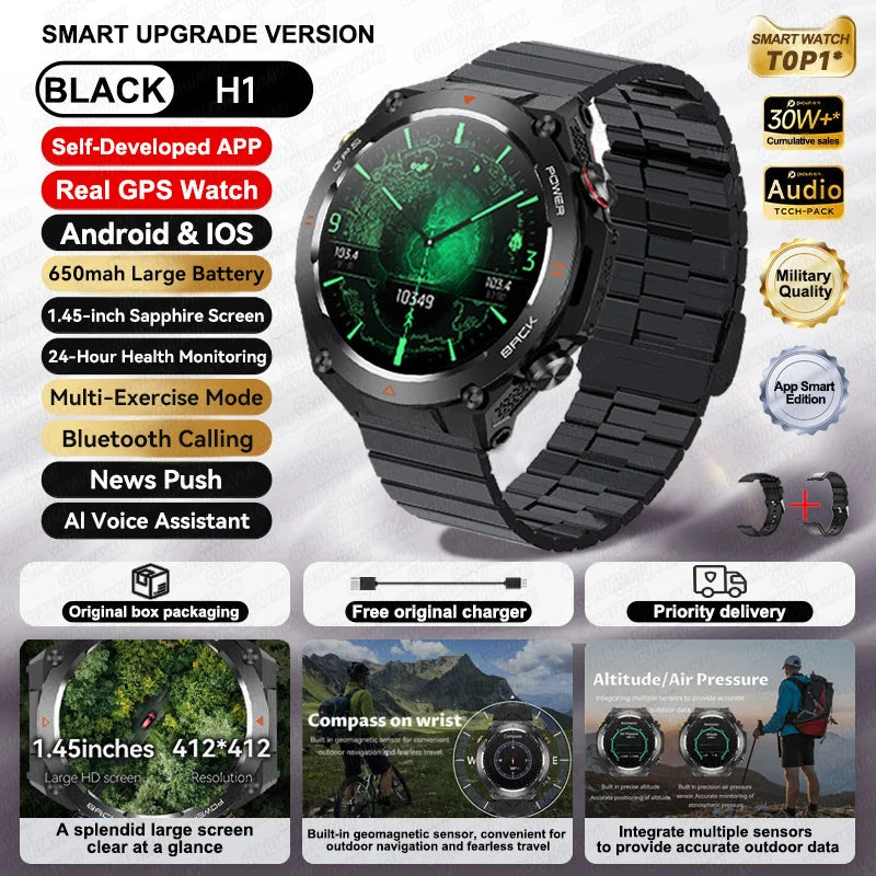 2025 GPS New Men Dual-band Positioning Smart Watch Men AMOLED Compass Waterproof 650mAh Battery Military Sport Watches New