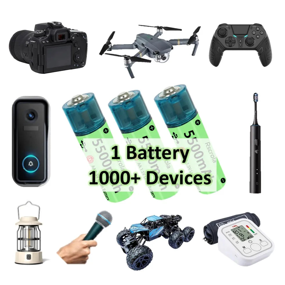 Universal AA Rechargeable Battery Durable 5500mAh Li-ion Battery AA USB Direct Charging for Toys Clocks Game Controllers Cameras