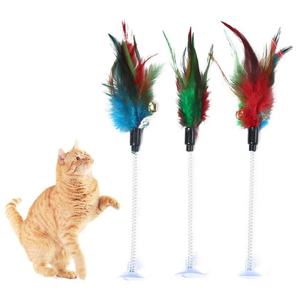 1pc Feather Spring Cat Interactive Toy Suction Cup Cat Fur Ball Teaser Wand Toys Cat Scratcher Toys Pet Supplies Random Color