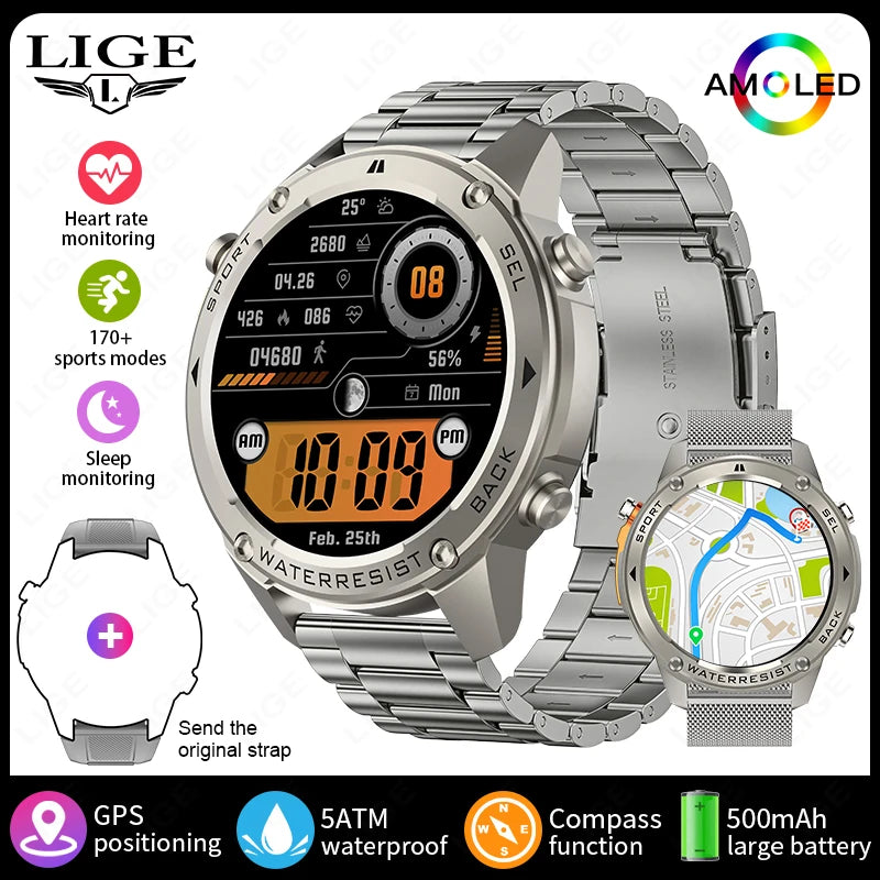 LIGE New GPS Tracker Smart Watch Men 466*466 AMOLED Screen Men Watches 50M Waterproof Outdoor Compass 500mAh Battery Smartwatch