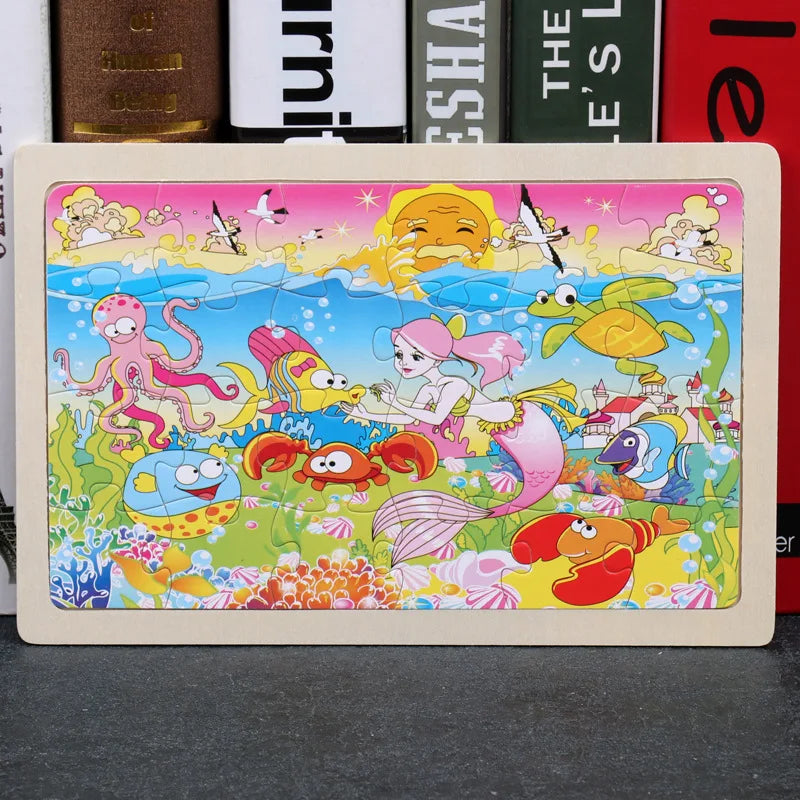 New 24 Pieces Wooden Puzzles Cartoon Animal Wood Jigsaw Learning Toys for GIFT