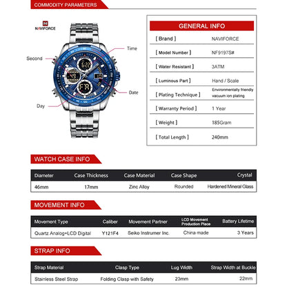 NAVIFORCE Luxury Original Sports Wrist Watch For Men Quartz Steel Waterproof Dual Display Military LED Digital Watches Relogio