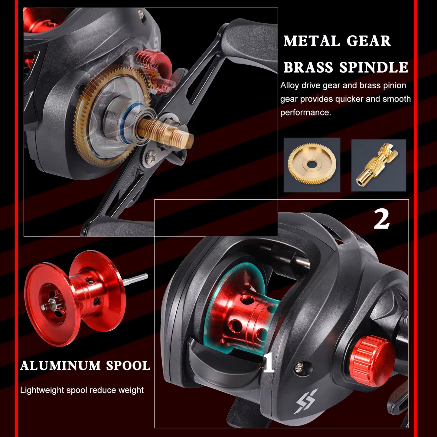 Fishing Rod and Reel Full Kit 5Section Rod and Aluminium Spool Reel for Freshwater Bass Fishing Set