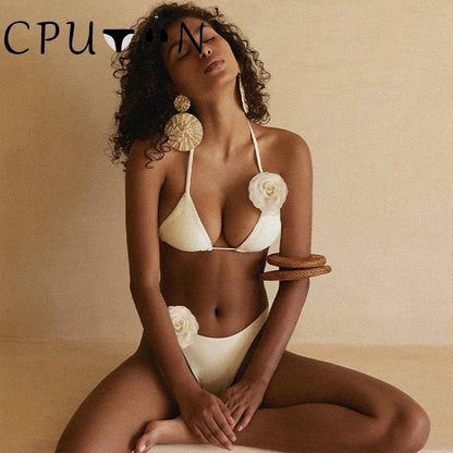 2026 New Sexy White 3D Flower Solid Two Piece Push Up Bikini Set Luxury Swimwear Women Swimsuit Beachwear Summer Bathing Suit