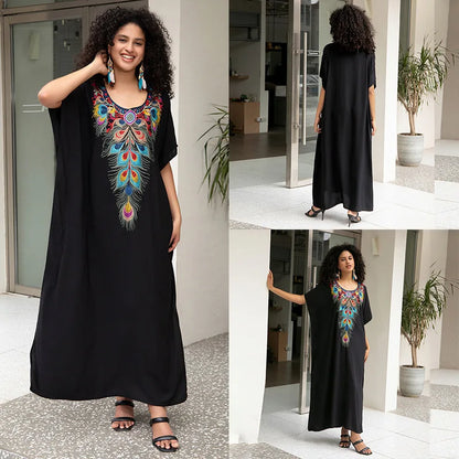 Swimsuit Cover Ups Embroidery V Neck Short Sleeve Swim Cover Up for Women Kaftan Dresses