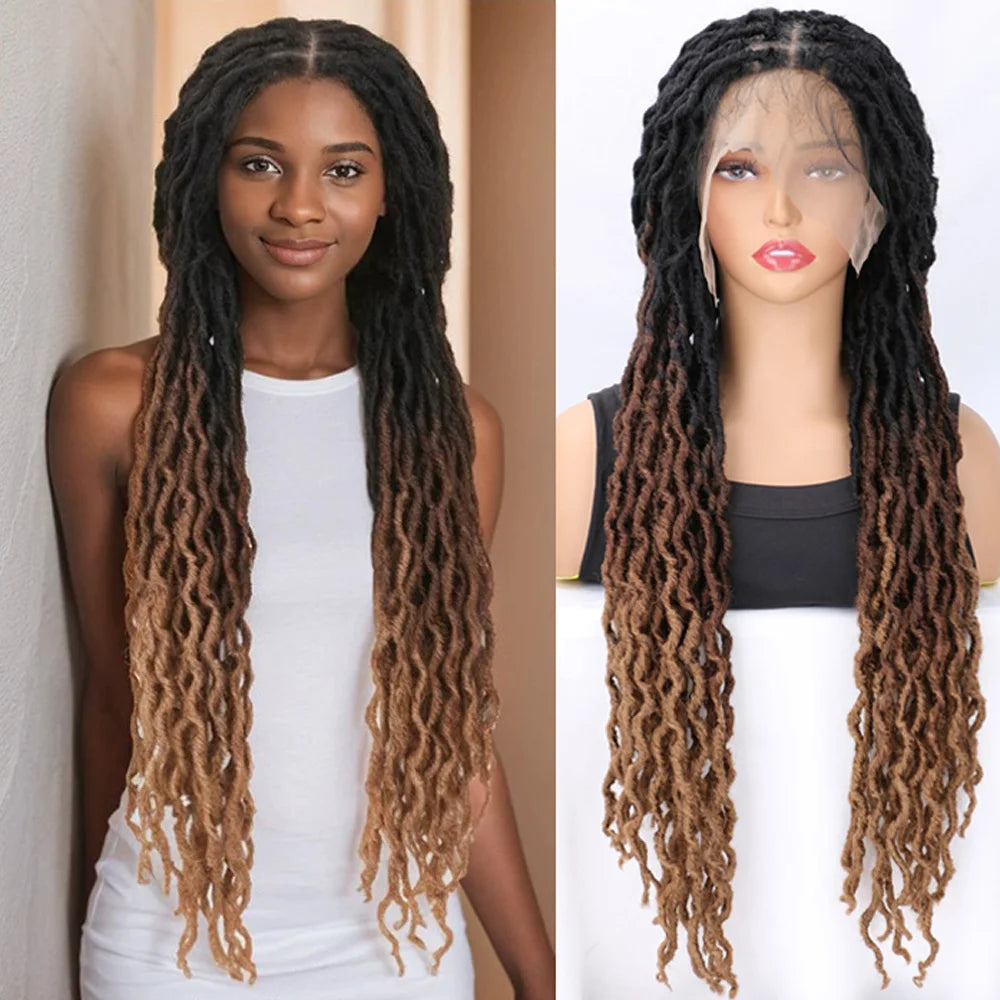 Ombre Faux Locs Wig with Baby Hair Square Part Full Lace Synthetic Braided Lace Front Wig Knotless Braided Wig with Curly Ends