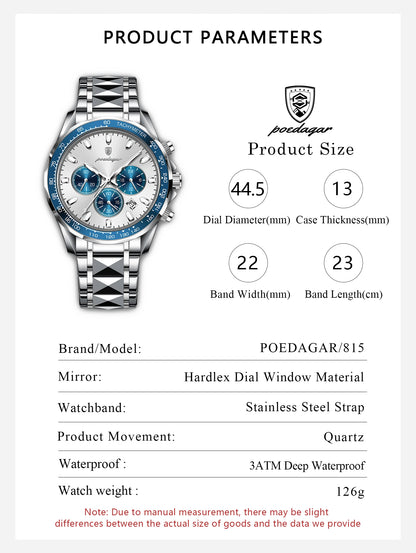 POEDAGAR Luxury Brand Men Watch Waterproof Luminous Stainless Steel Men's Watches Chronograph Date Quartz Business Watch For Man