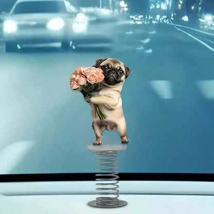 Cute 2D Pug Car Ornaments Kawaii Reading Dog Car Panel Dashboard  Spring Toys Decor Creative Accessories Gift